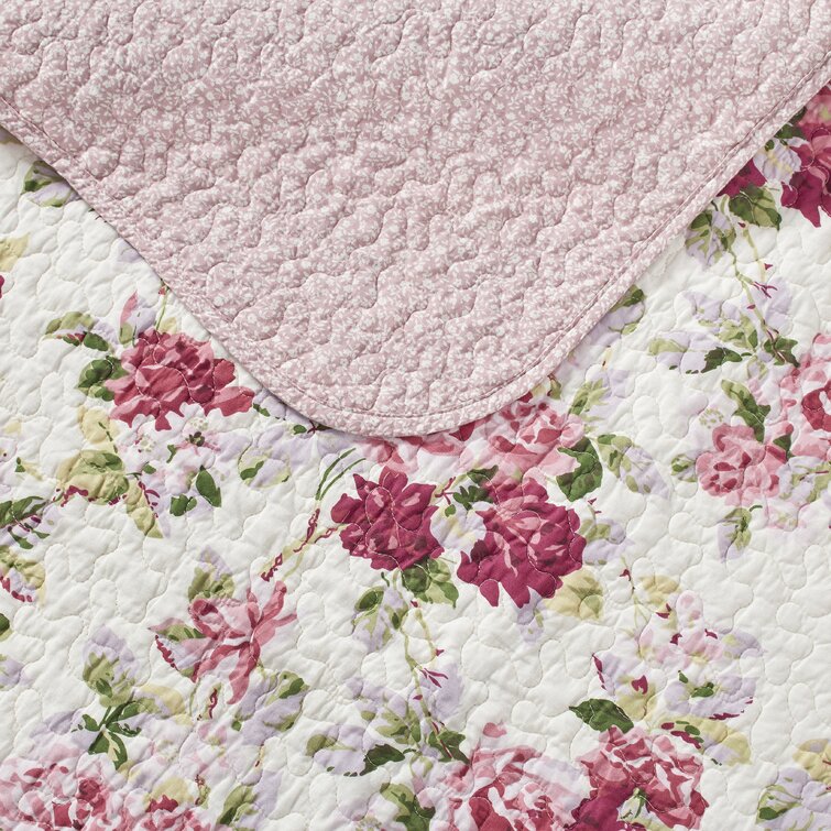 Laura Ashley Lidia Pink Floral 100% Cotton Reversible Quilt Set & Reviews