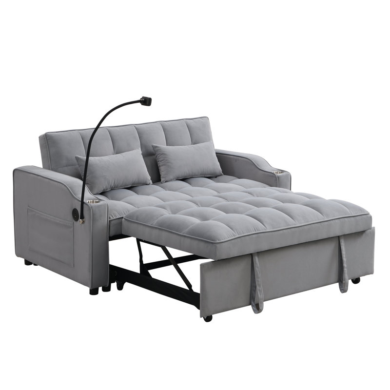 Modern Velvet Convertible Sleeper Sofa Bed with Pull-Out Bed, Adjustable Backrest, USB Ports and Phone Holder