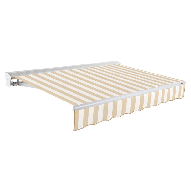 Auvent de patio rétractable avec capuchon Awntech Destin, H 10 po x l 168 po x P 120 po, Moteur droit, Lin / rayures blanches