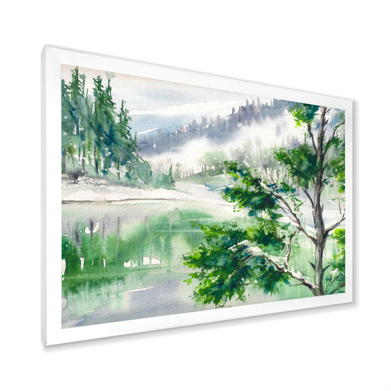 Lac - peinture sur toile, Cadre photo blanc, H 34 po x l 44 po