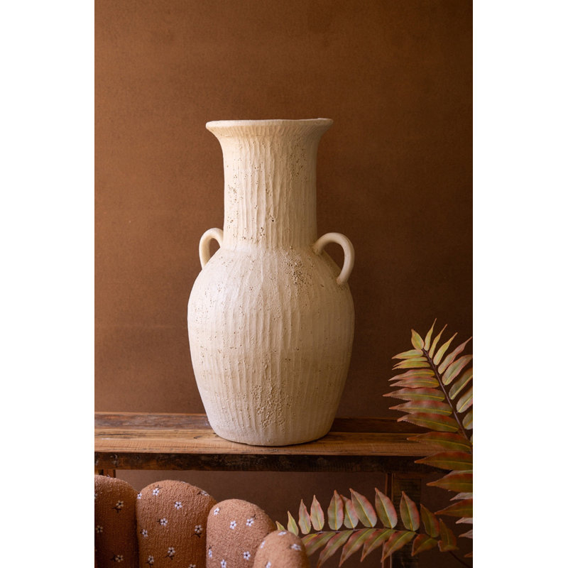 Kalalou Stone Composite Beige Urn with Two Handles 26"H – Textured Decorative Vessel for Home Décor