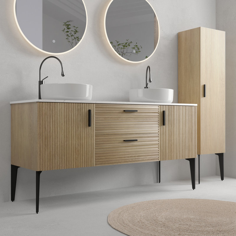 Modern Oak Vanity Cabinet with Ceramic Sink, Sleek Storage Solution