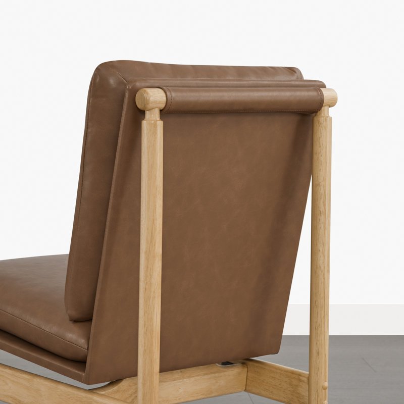Upholstery Solid Wood Dining Chair with Natural Finish, Saddle Brown Faux Leather