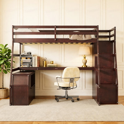 Full Size Loft Bed with 7 Drawers 2 Shelves and Desk