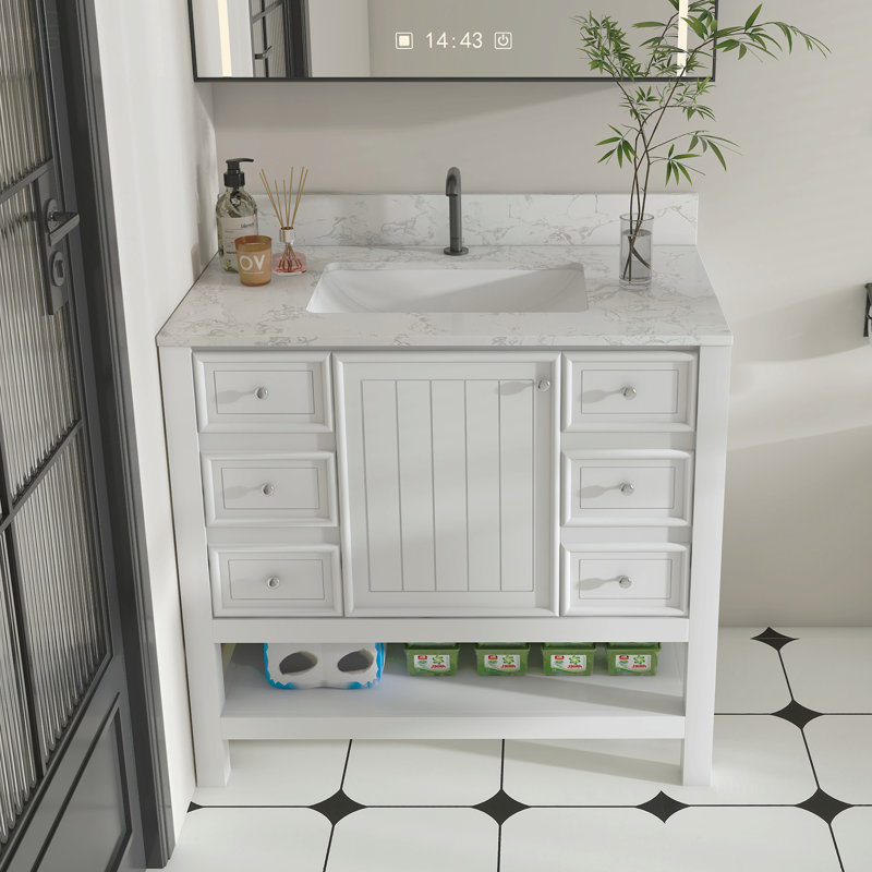 Ensemble de meuble-lavabo moderne 37 po avec plateau en marbre artificiel Carrara, armoire de salle de bain multifonctionnelle avec portes et tiroir, cadre solide et panneau de fibres à densité moyenne (trou de robinet simple)
