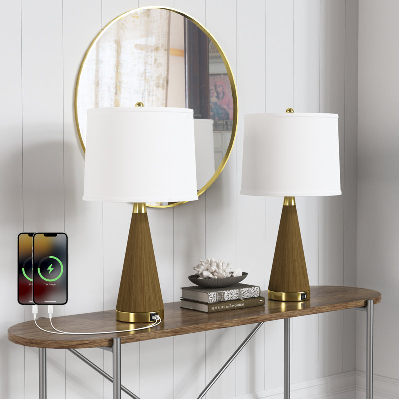Lampes de table de chevet 24,6 po en métal à grain de bois brun traditionnel à intensité variable pour chambre à coucher / salon