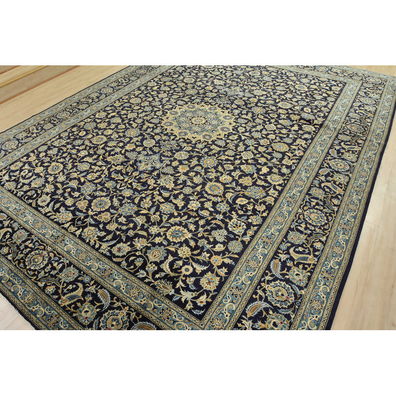 Tapis traditionnel rétro en laine bleue noué à la main 10 pi 3 po x 13 pi 5 po