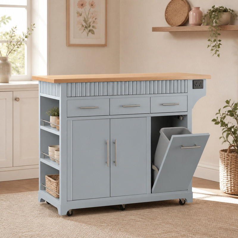 Chariot de cuisine 48,5 "de large cannelé avec armoire à poubelle et prise de courant, gris et bleu, Grey+Blue
