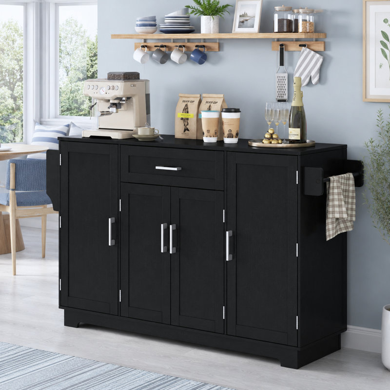 Buffet moderne noir avec 4 portes, 1 tiroir, tablettes réglables et rangement pour porte, Black