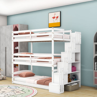 Separate Twin Over Twin Over Twin Wood Triple Bunk Bed With Storage Staircase