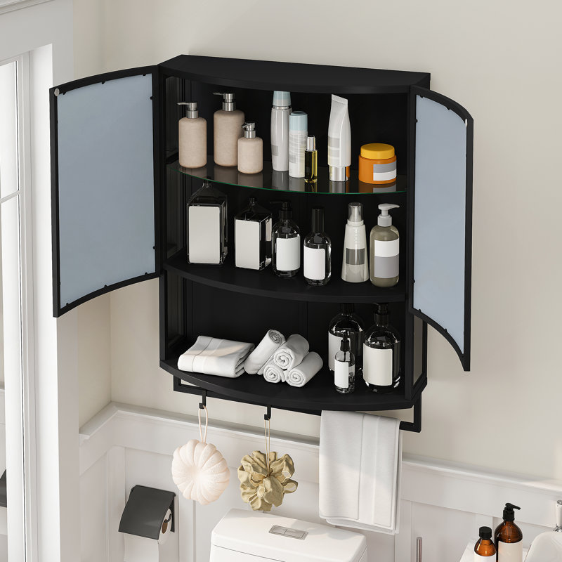 23.62"Modern Arched Glass Double-Door Wardrobe With Shatterproof Non-Glass Mirror-Double-Layer Storage,Open Shelf & Towel Rack For Entryway, Living Room,Bathroom