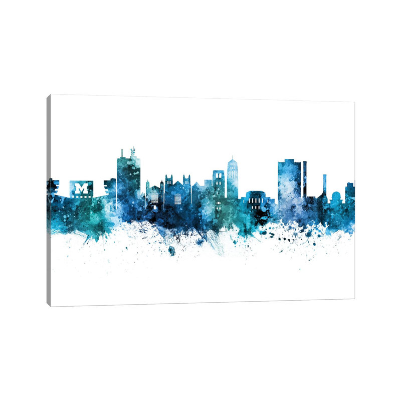 Ann Arbor Michigan Skyline Blue Teal by Michael Tompsett - 1 Piece Wrapped Canvas Painting