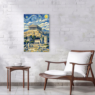Parthenon Starry Night Vibrant Abstract Contemporary Architecture City Wall Art Print by HUGO - Wrapped Canvas Print