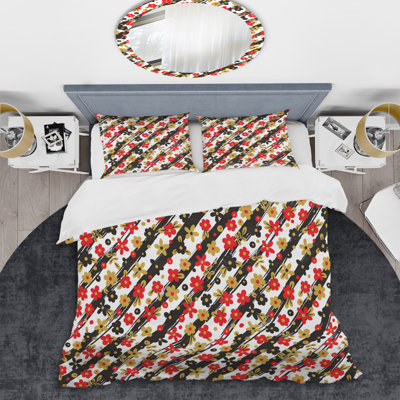 Fleur blanche et rouge rayée - ensemble de housse de couette abstrait - microfibre de polyester