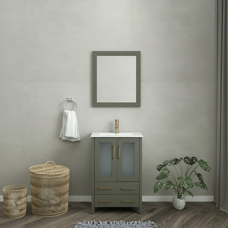 Brescia 24" Single Sink Freestanding Bathroom Vanity with Ceramic Top and Matching Mirror, Vintage Green