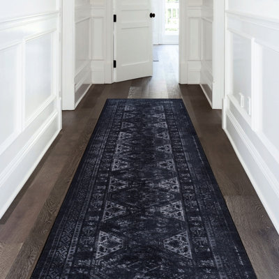 Low-Pile Area Rug For Entrance - Machine Washable, Non-Slip, Non-Shedding, Foldable, & Pet Safe  Black + Gray, 2'6'' X 10' Low-Pile,