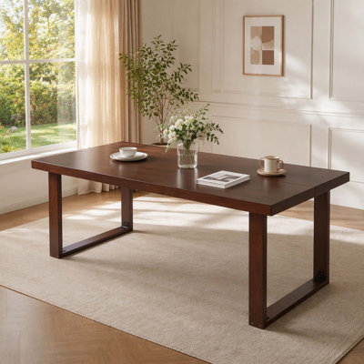 Mid‑Century Modern Rectangular Dark‑Walnut Solid‑Wood Dining‑Table, Large‑Size Solid Timber Kitchen Dinner‑Table for Dining‑Room and Home‑Office
