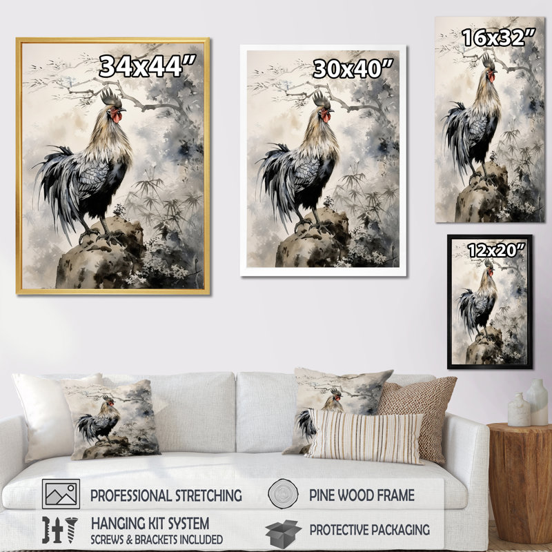 Aymie Asian Art Rooster Sumi I sur impression sur toile, H 40 po x l 30 po x P 1,5 po, Cadre naturel flottant