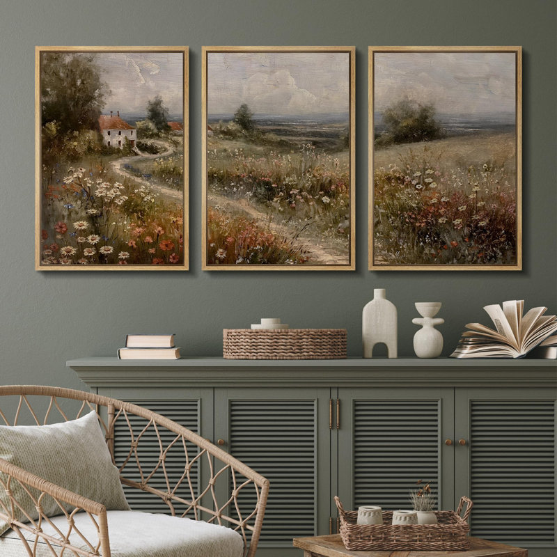 "Paysage champêtre idyllique avec illustration florale, décor rustique, relax, calme et chic" - 3 pièces sur toile, Naturel