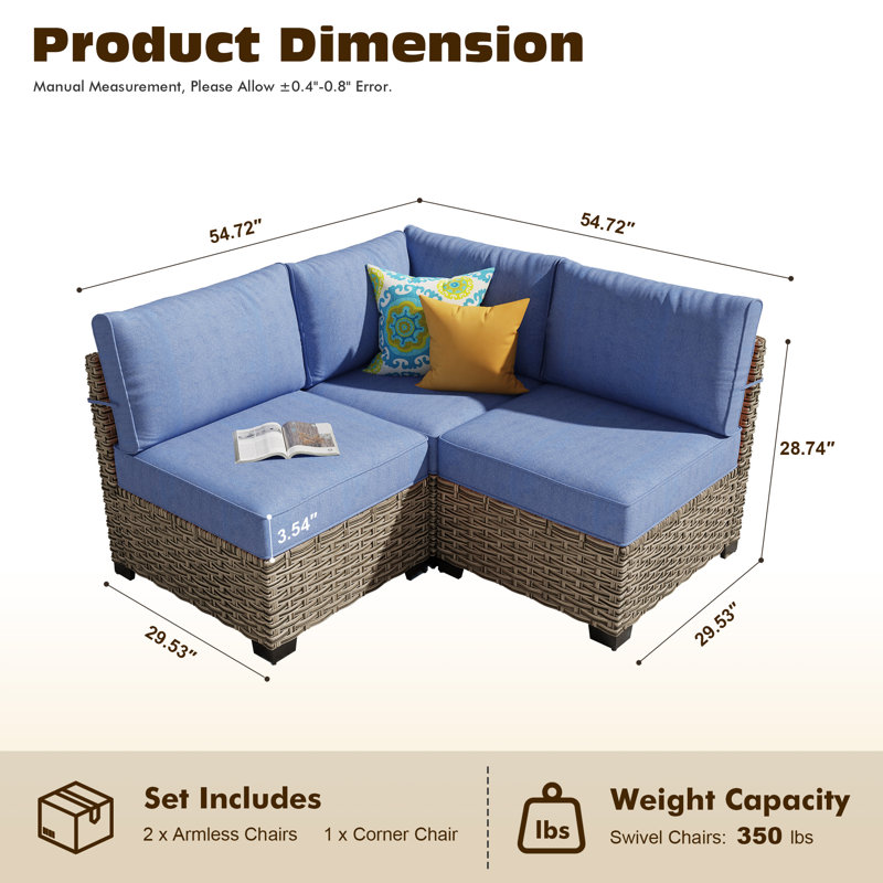 Carolle Outdoor Wicker L-Shaped Patio Sectional Sofa With Cushions, 2-Piece Corner Seating Set, Blue