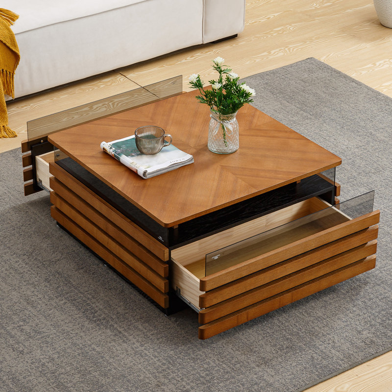 Elegant 31.5" LED Coffee Table with Glass Drawer Storage, Modern Lighting Console Table for Living Room, Spacious Organization