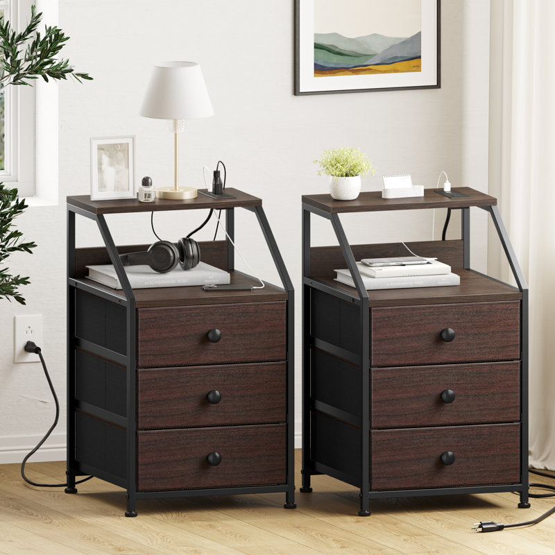 Travison Nightstands with 3 Drawers & Outlets, Bedside Tables with 2 USB Ports & 2-Tier Open Shelf, Brown