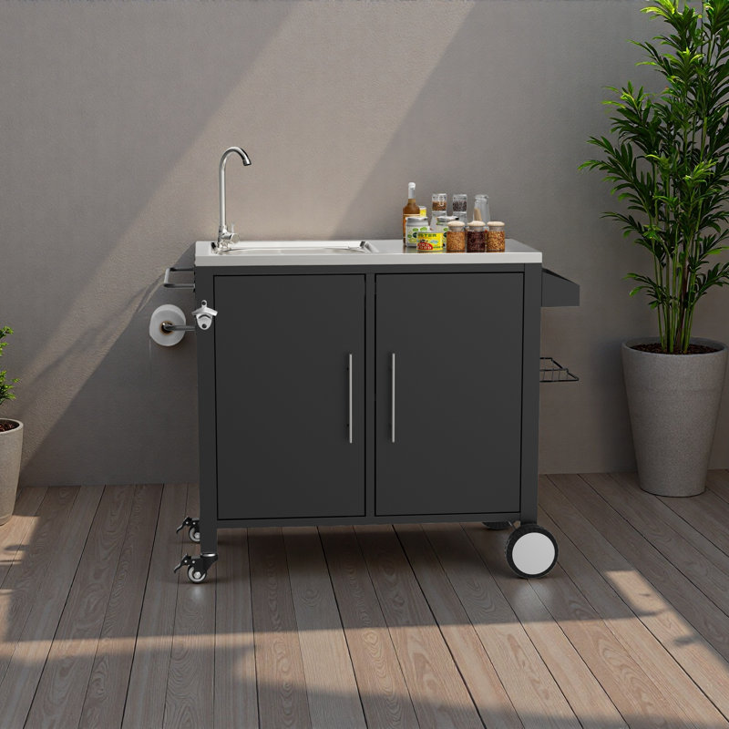 Outdoor Grill Table With Sink, Grill Cart With 304 Stainless Steel Sink And Cabinet, Outdoor Grill Cart,Outdoor Cart Sink Station With Wheels, L38" X W18" X H35"
