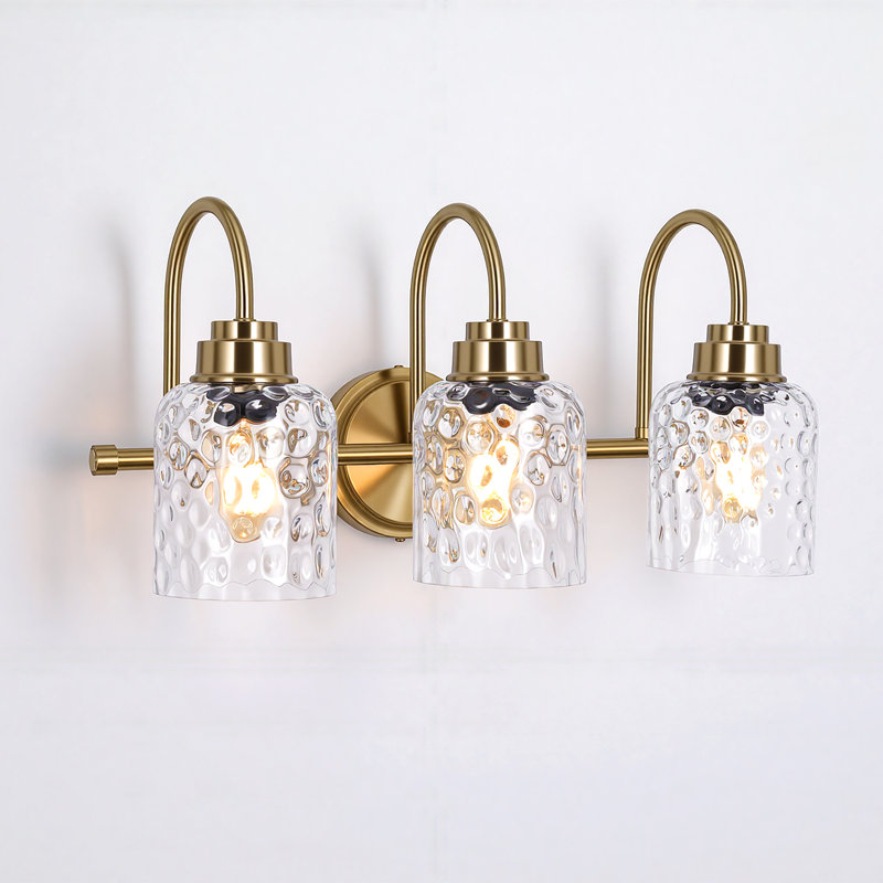 3-Light Vanity Light Glass Bathroom Gold Metal Wall Sconces, Polished Brass