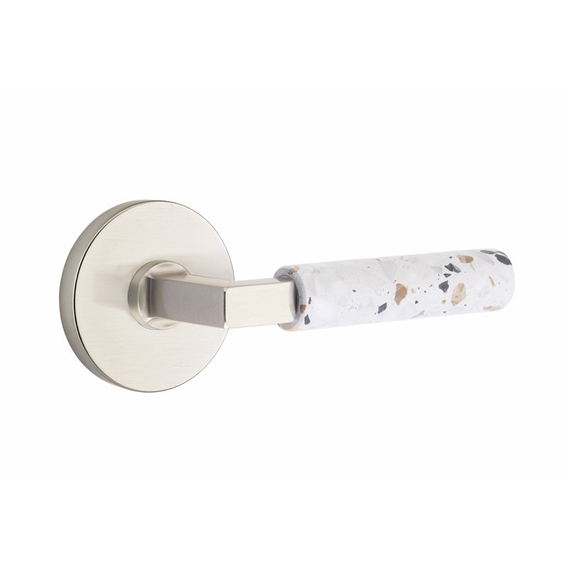 Ensemble de leviers de passage Emtek Select, rosette à disque, tige carrée en L, poignée en terrazzo clair, CF, Droite