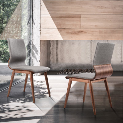 Mid-Century Dining Chair In Walnut Finish And Gray Fabric - Set Of 2