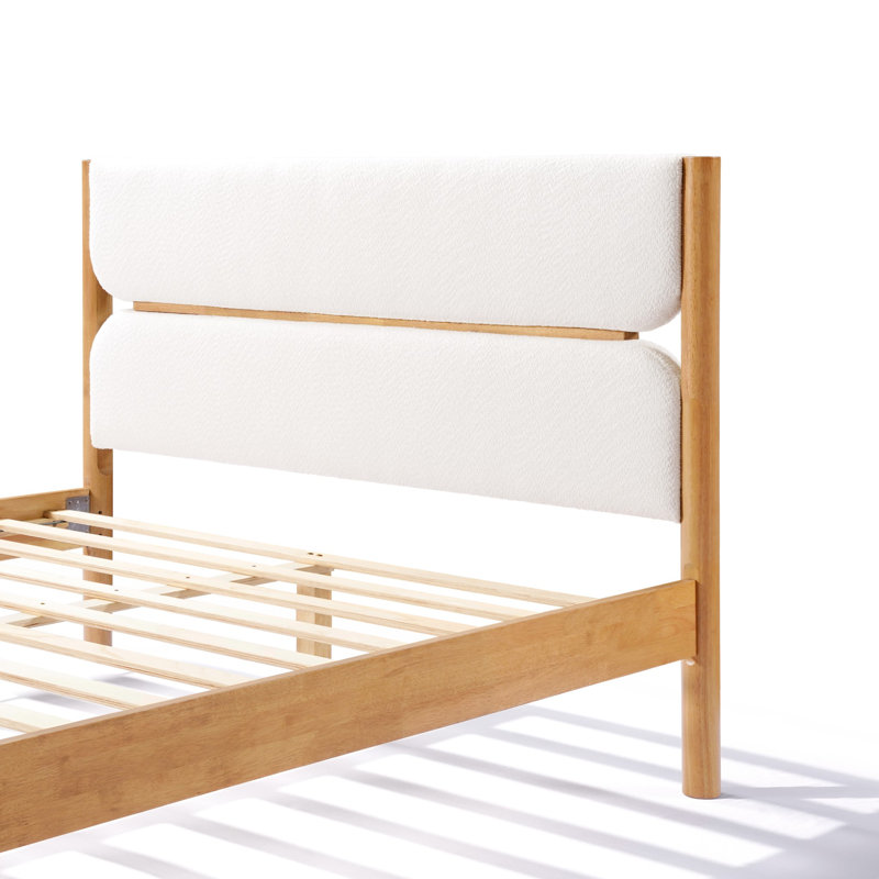 Upholstered Panels with Natural Rubber Wood Frame Platform Bed, Queen
