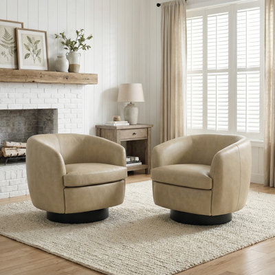 Upholstered Cream Faux Leather Swivel Barrel Chair Recessed Arms With Solid Wood Base (Set of 2)