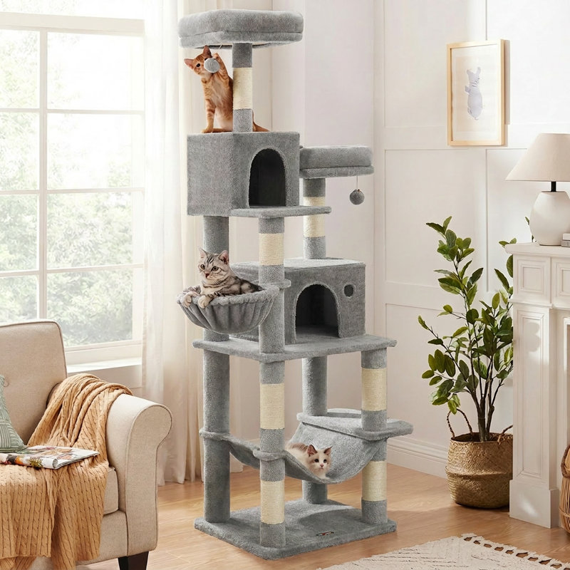 Arbre à chat à niveaux multiples de 78,3 po avec poteaux à griffer pour chat Timmins, Gris clair/beige