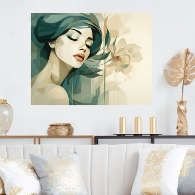 Silhouette de femme verte et beige I - art mural mode en métal MT133275