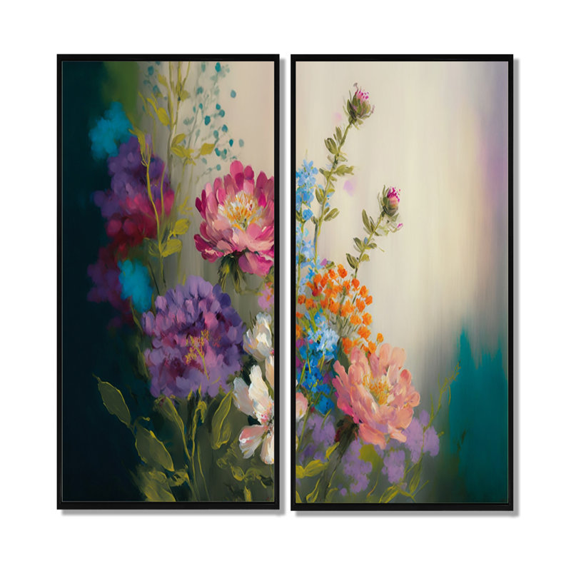 «Painted Blossoming Wildflowers III», art mural floral, 40" H x 40" W, Impression encadrée flottante, Noir