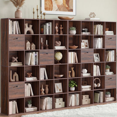 Ensemble de rangement modulaire 24 cubes avec tiroirs en tissu, bibliothèque en bois rustique noyer et paravent, ensemble de 2