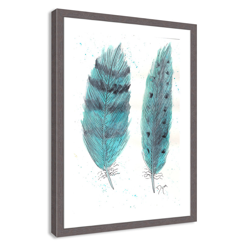 «Feathers in Turquoise II», art encadré, H 36,5 po x l 26,5 po x P 0,6 po, Encadrement fil du bois gris
