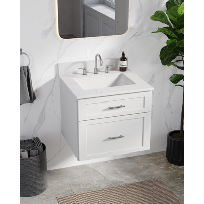  24" Floating Wall Mounted Single Bathroom Vanity With Carrara Quartz Top