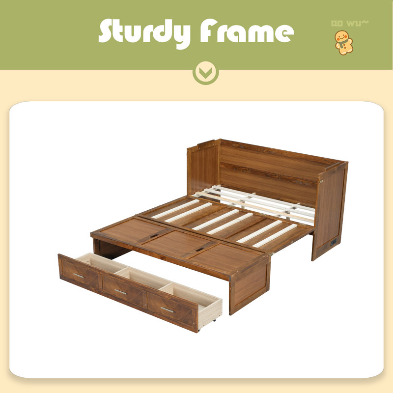 Grand lit escamotable, armoire-lit en bois de pin avec station de charge USB intégrée et panneau de décoration géométrique