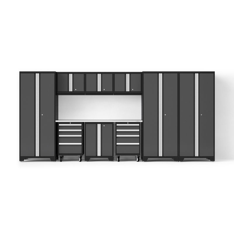 Bold XL Series Gray 10 Piece Garage Cabinets Set With Tool, Base, Wall Cabinets, Stainless Steel Worktop And 30 In. Lockers
