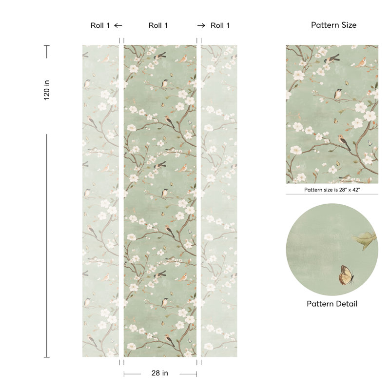 Rouleau de papier peint adhésif Serene Spring Birds and Blossoms