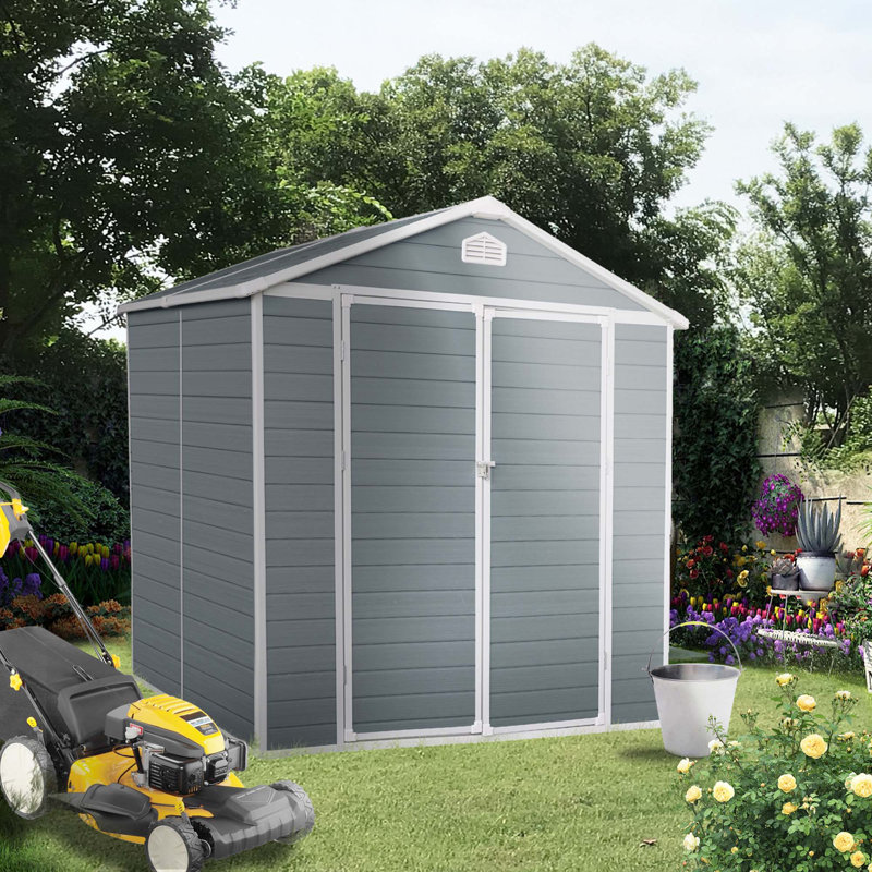 Rangement extérieur en résine 6 pi x 8 pi, abris de jardin en plastique avec plancher et porte verrouillable pour la cour arrière, pelouse
