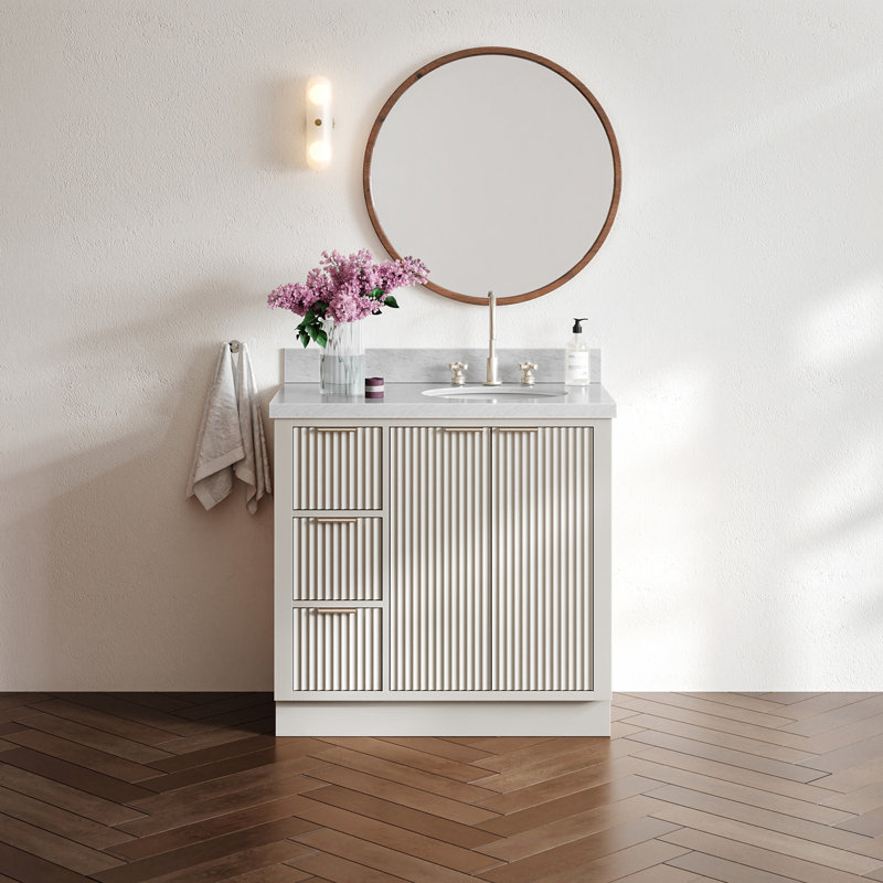 Meuble-lavabo simple en bois massif 36 po avec plateau en marbre de Carrare de 1,5 po, excentré à droite, lavabo ovale, Oui