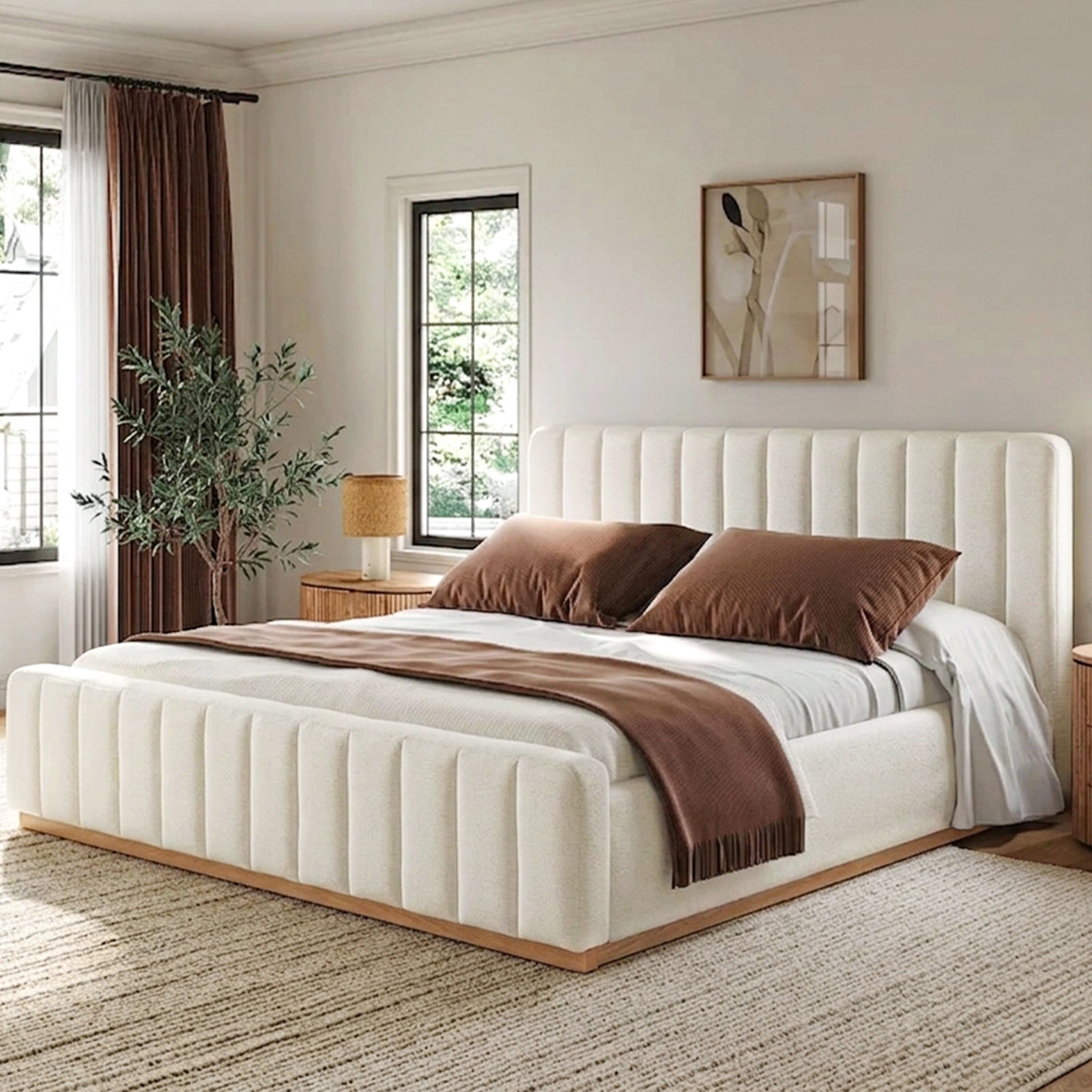 Upholstered Panel Bed, King, Beige