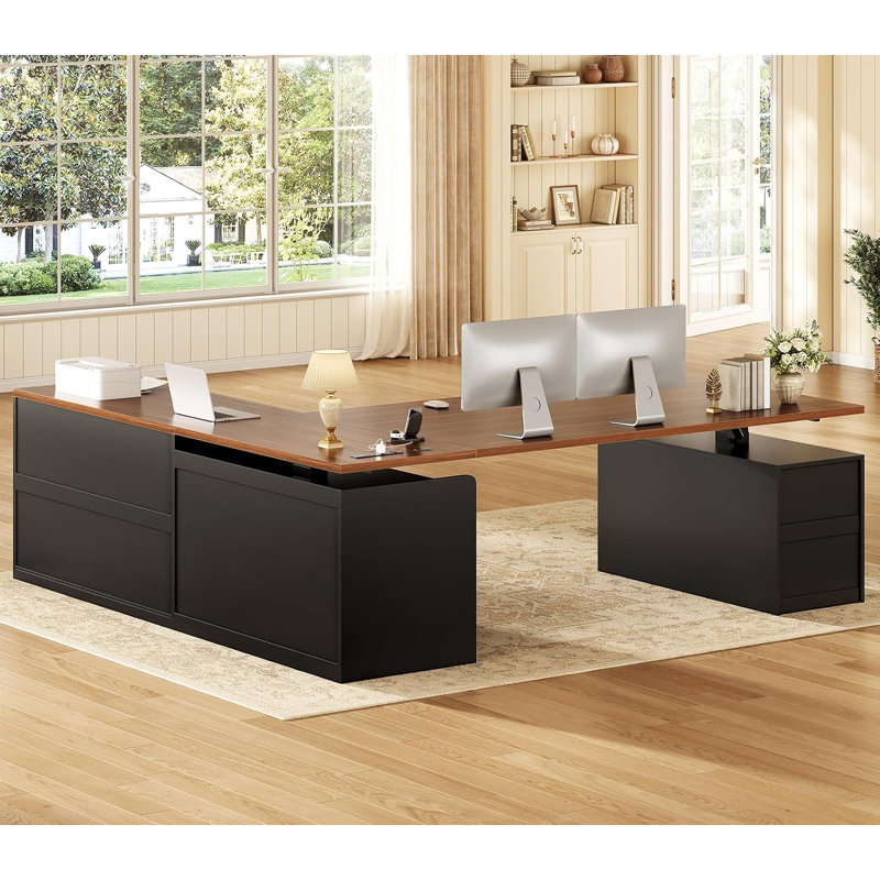 Adjustable Height L-Shaped MDF Standing Desk with Built-In Electrical Outlet, Black