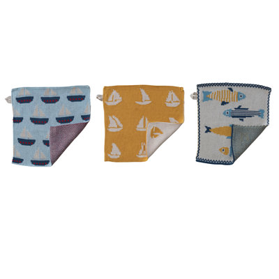 Cotton Knit Dish Cloth w Fish/Boat Pattern