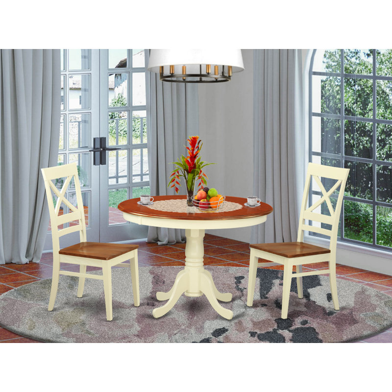 3 Piece Dining Room Table Set Contains a Round Kitchen Table with Pedestal and 2 Dining Chairs, Buttermilk & Cherry