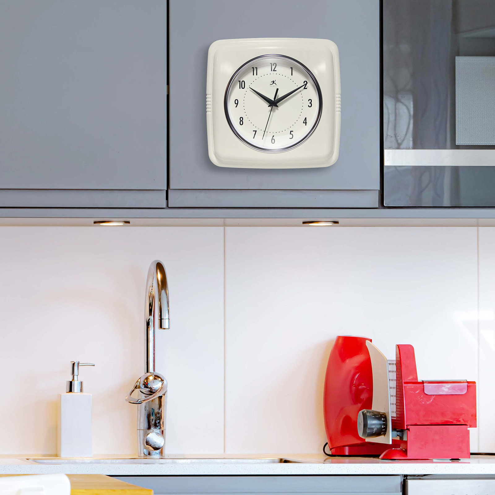 Orrwell Square Plastic Wall Clock 9.25 Inches, Ivory/White
