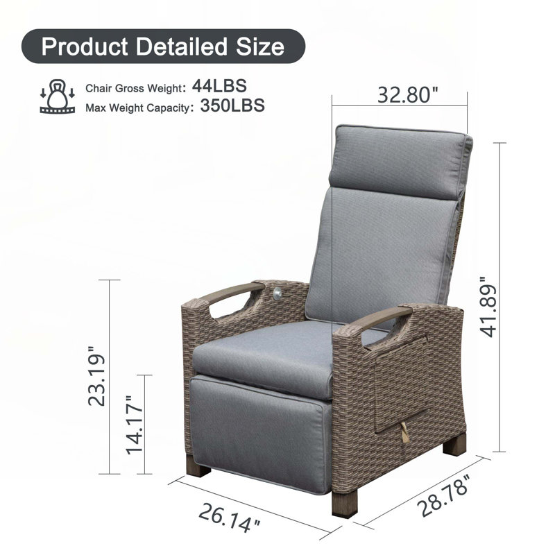 Outdoor Recliner Chair, Patio Recliner with Hand-Woven Wicker, Flip Table Push Back, Adjustable Angle,  Thickness Cushions, Reclining Lounge Chair for Indoor and Outdoor