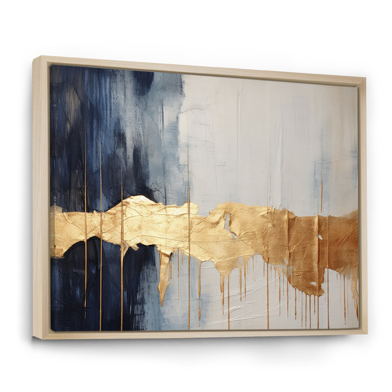 Waves Of Joy Minimal Nova - bleu et or I - peinture abstraite, art mural, H 12 po x l 20 po x P 1 po, Cadre naturel flottant
